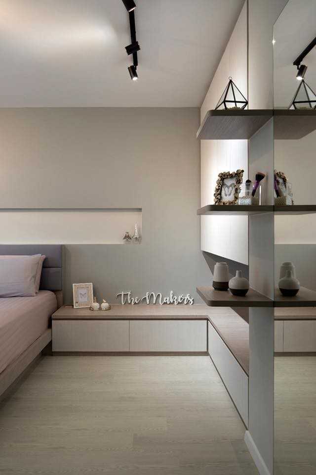 Scandinavian Bedroom with Storage Cabinets and Bed