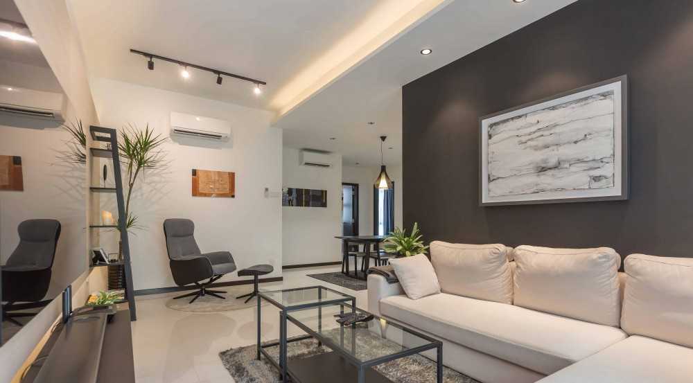 Minimalist Living Room with Homogeneous Tiles and Downlights