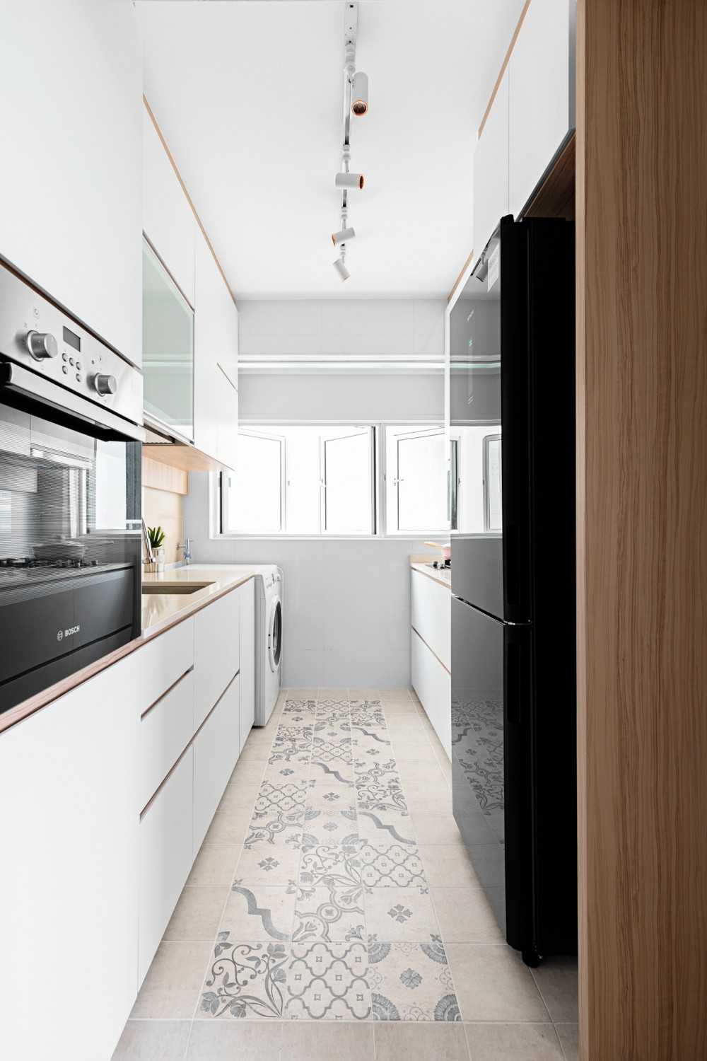 Scandinavian Kitchen with Countertop and Refrigerator