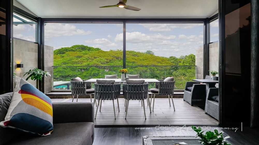 Modern Balcony with Window Seat and Window Shutters