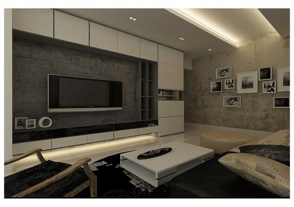 Contemporary Living Room with Homogeneous Tiles and TV Console