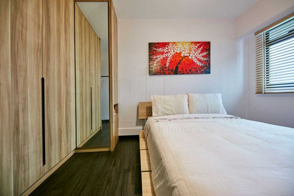 Asian Bedroom with Platform Bed and Wood Flooring