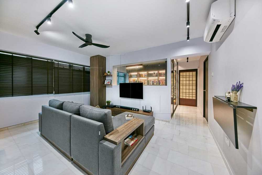 Asian Living Room with TV Console and Sofa