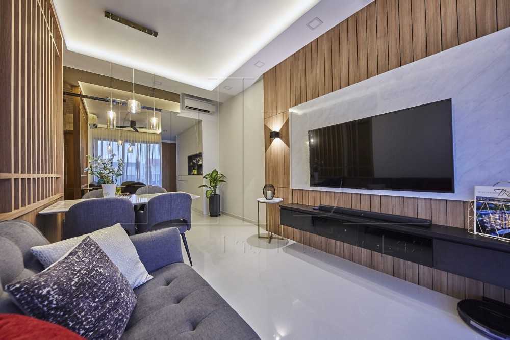 Modern Living Room with Homogeneous Tiles and Feature Wall