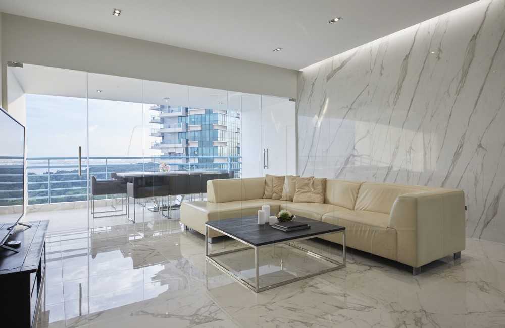 Modern Living Room with Marble Floor and Feature Wall