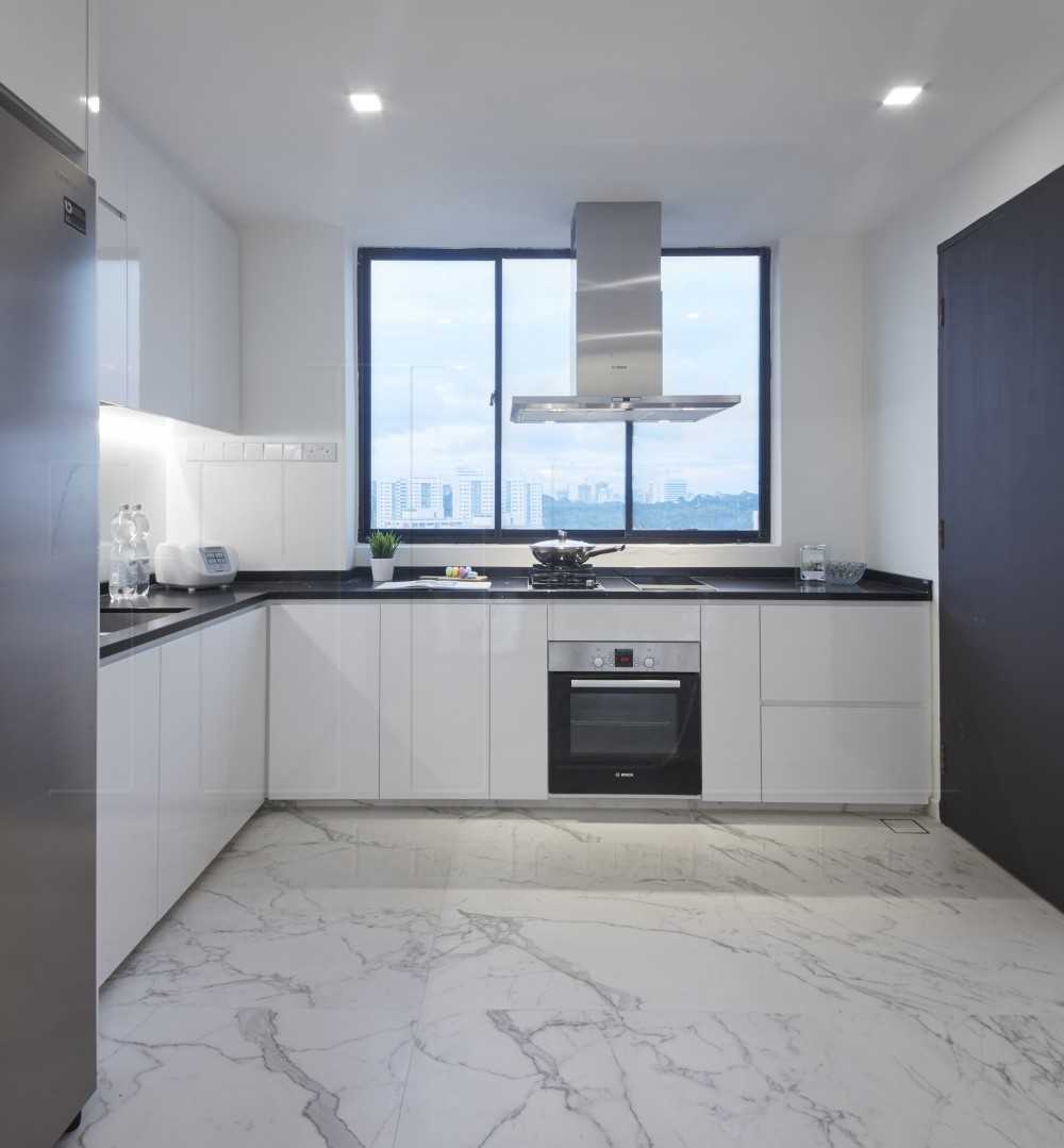 Modern Kitchen with Marble Floor and Kitchen Window