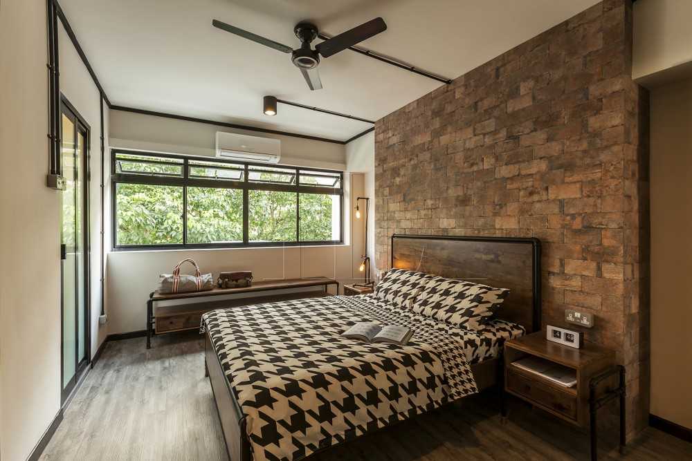Vintage Bedroom with Homogeneous Tiles and Feature Wall