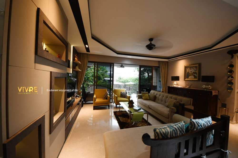 Asian Living Room with Bookshelf and Homogeneous Tiles