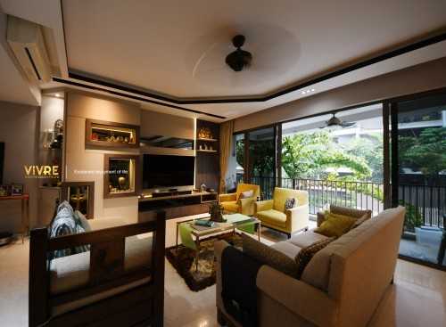 Asian Living Room with Bookshelf and Homogeneous Tiles