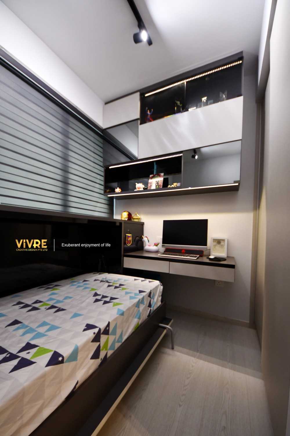 Modern Bedroom with Bookshelf and Vinyl Flooring