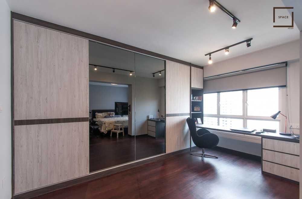 Contemporary Bedroom with Bookshelf and Ceiling Light