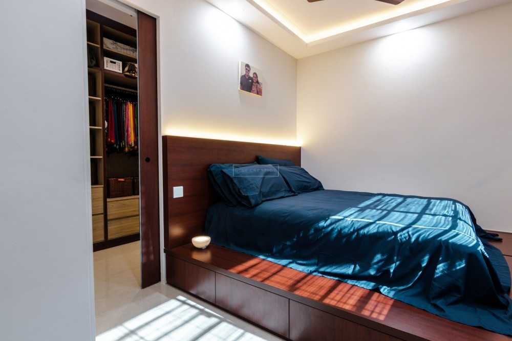 Asian Bedroom with Platform Bed and Cove Lighting