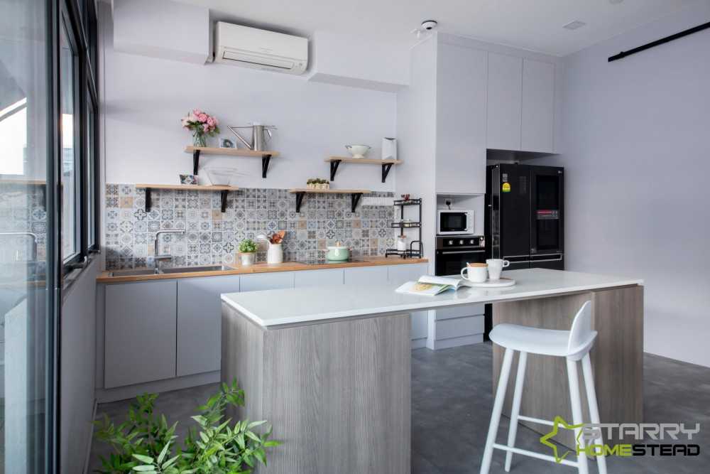 Industrial Pantry with Kitchen Island and Kitchen Accessories
