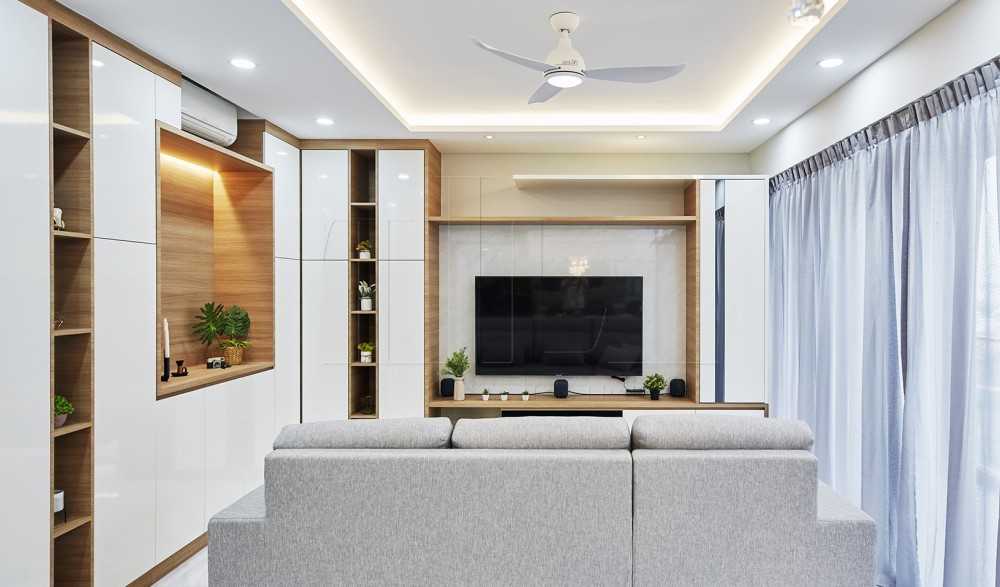 Scandinavian Living Room with TV Console and Feature Wall