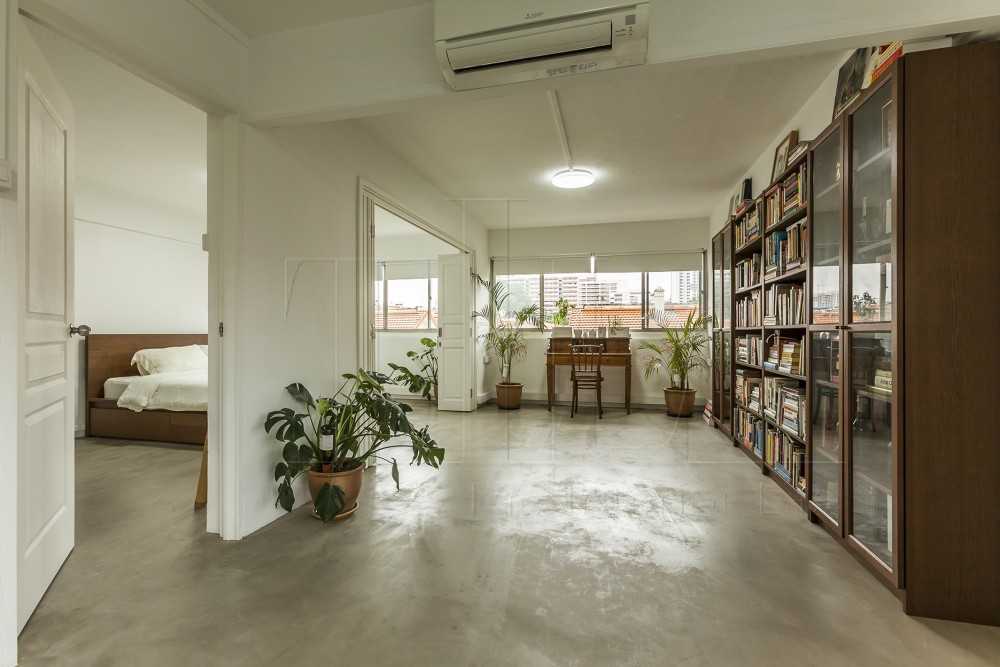 Contemporary Study with Bookshelf and Cement Floor