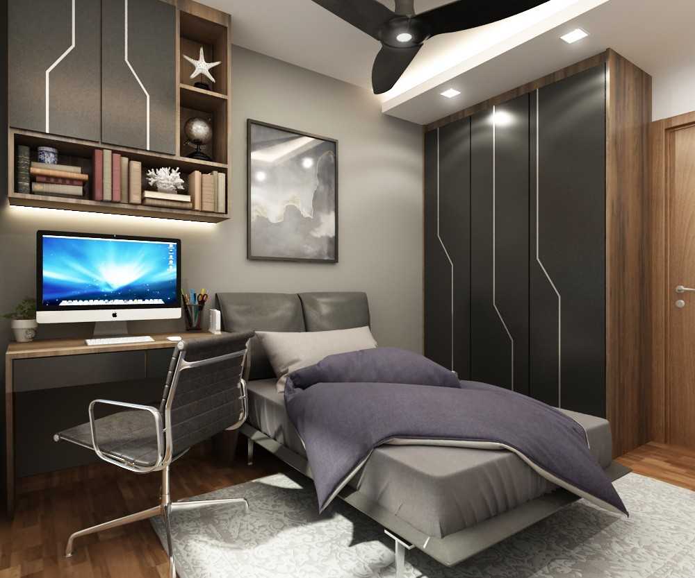 Contemporary Bedroom with Bookshelf and Vinyl Flooring