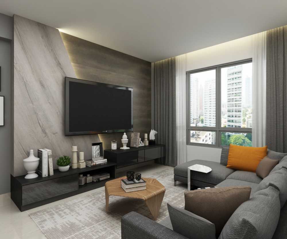 Contemporary Living Room with Homogeneous Tiles and TV Console
