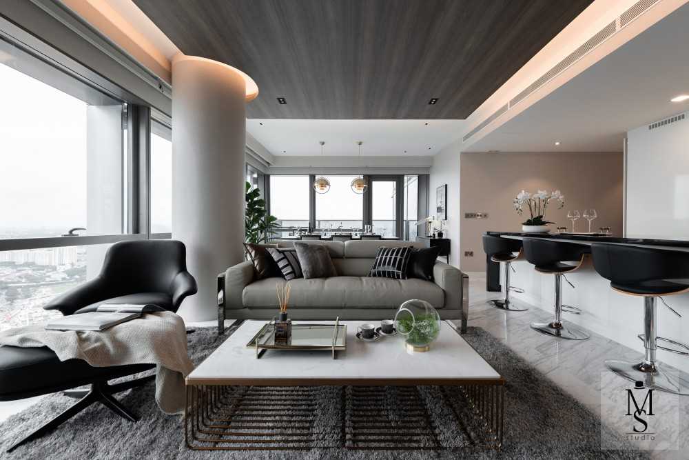 Contemporary Living Room with Marble Floor and Downlights
