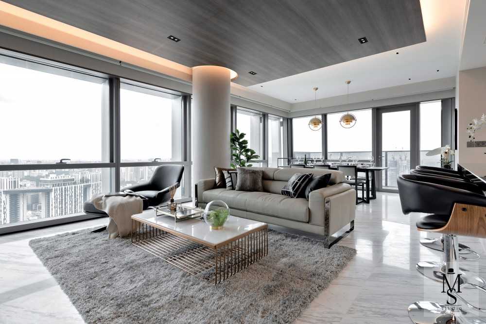 Contemporary Living Room with Ceiling Light and Carpet