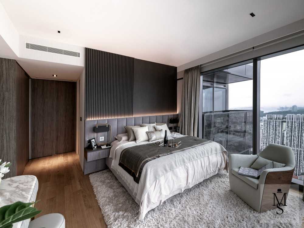 Contemporary Bedroom with Parquet Floor and Built-in Bed