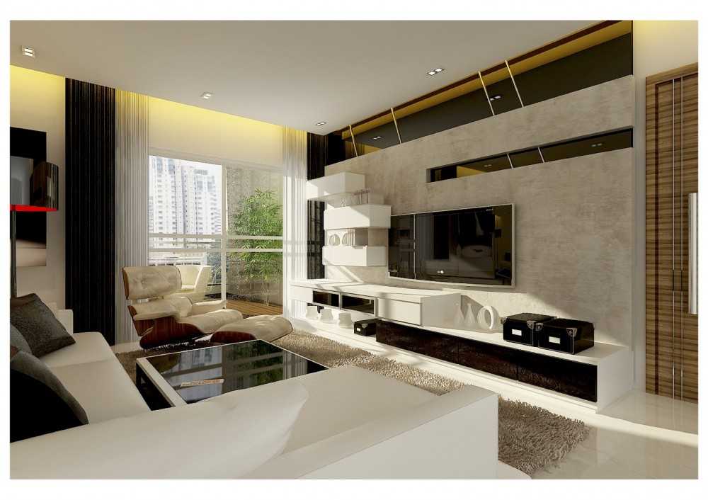 Contemporary Living Room with Homogeneous Tiles and TV Console