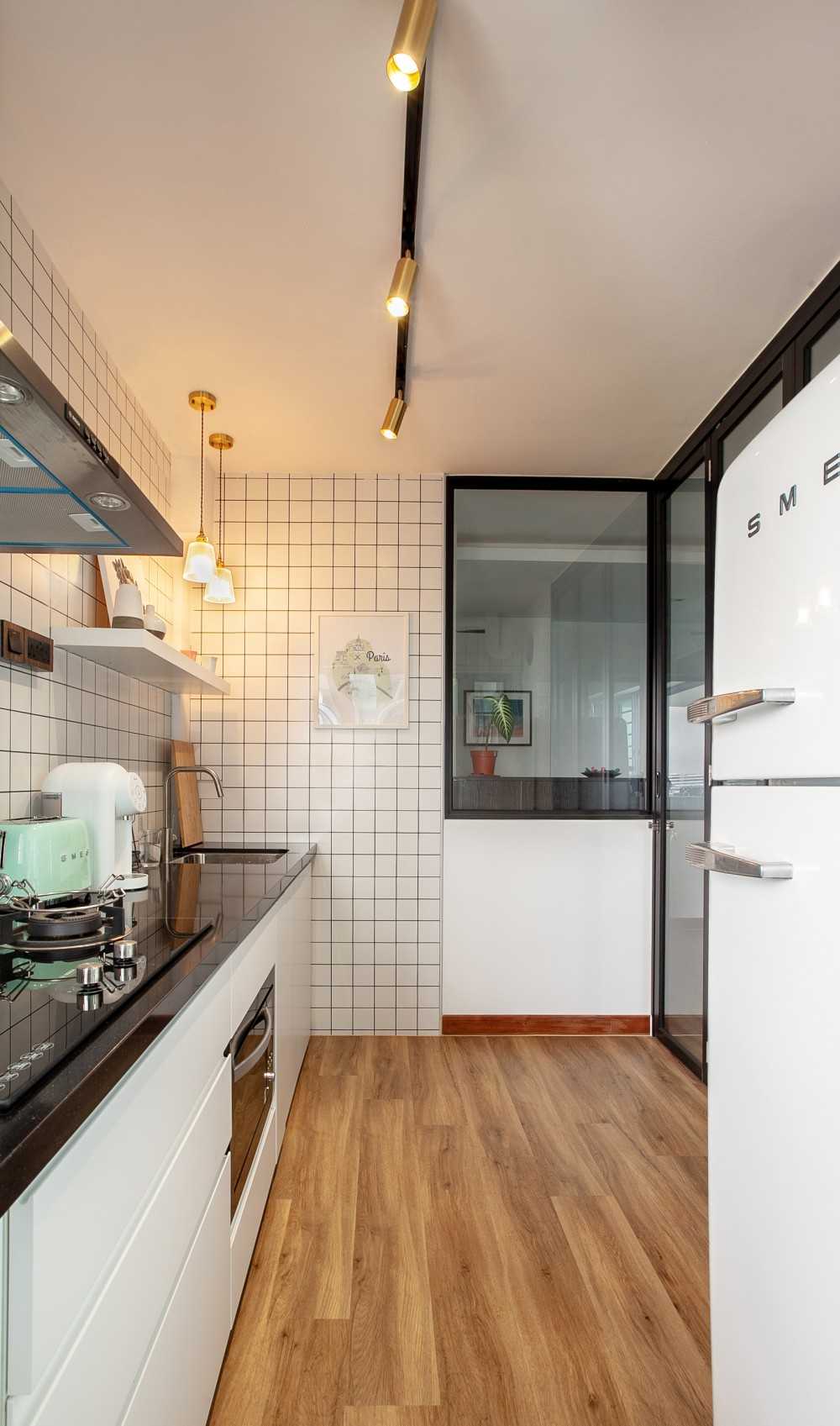 Transitional Kitchen with Countertop and Refrigerator