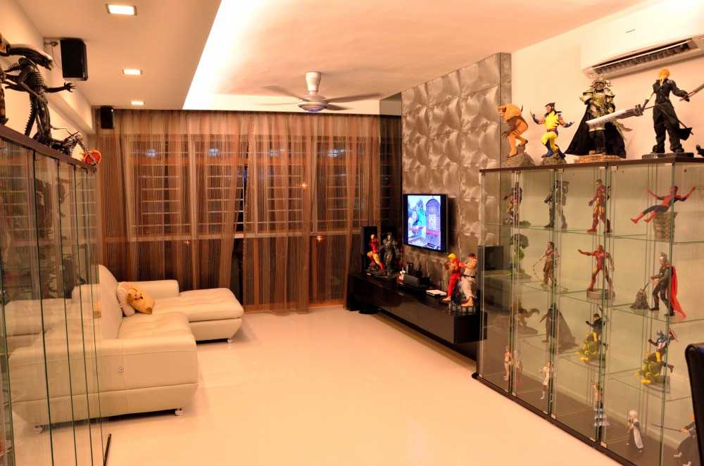 Modern Living Room with Bookshelf and Homogeneous Tiles