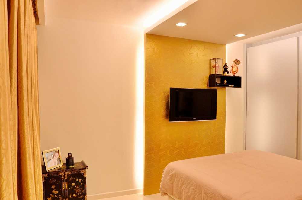 Modern Bedroom with Homogeneous Tiles and Feature Wall