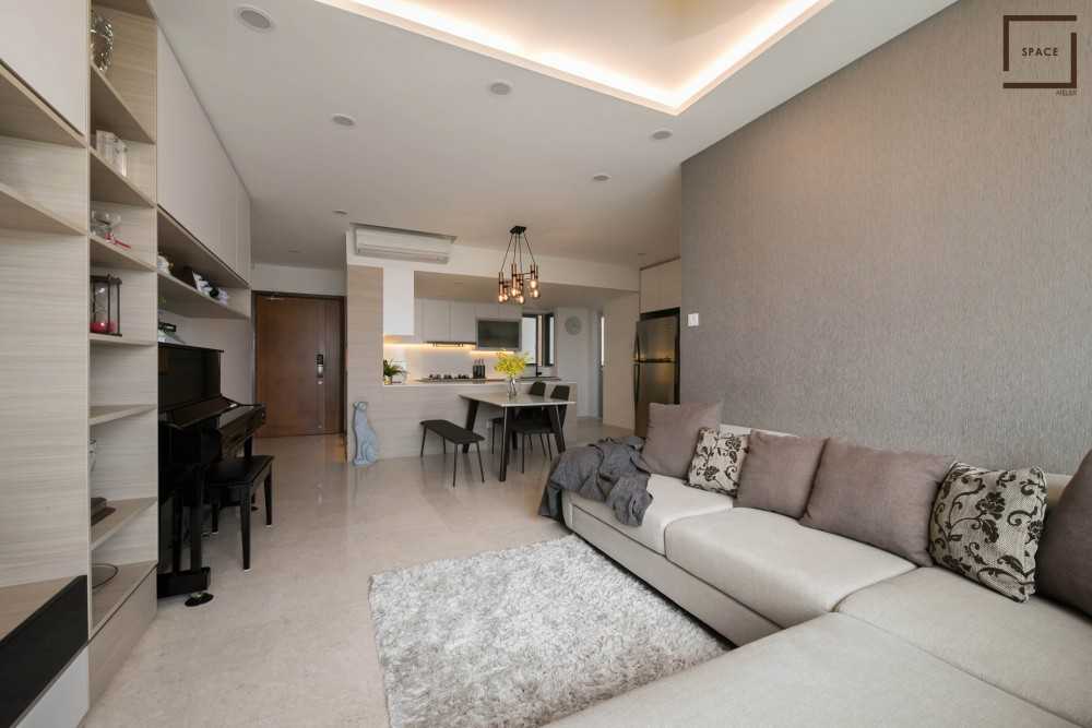 Contemporary Living Room with Homogeneous Tiles and TV Console
