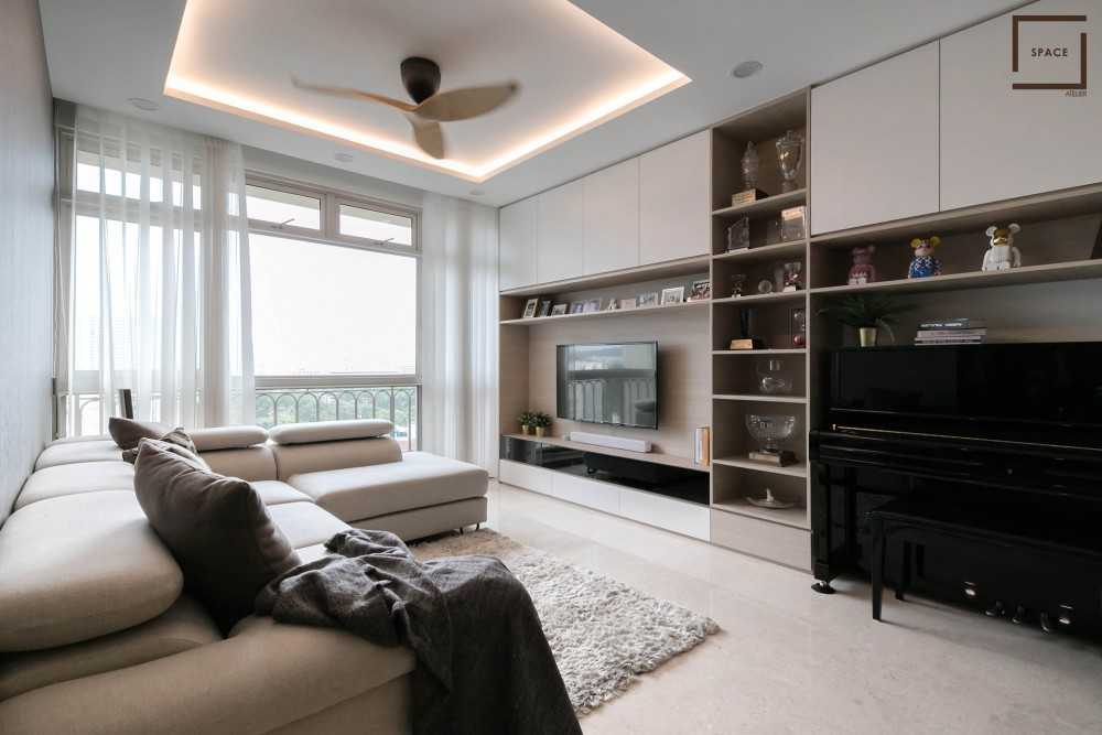 Contemporary Living Room with Homogeneous Tiles and TV Console
