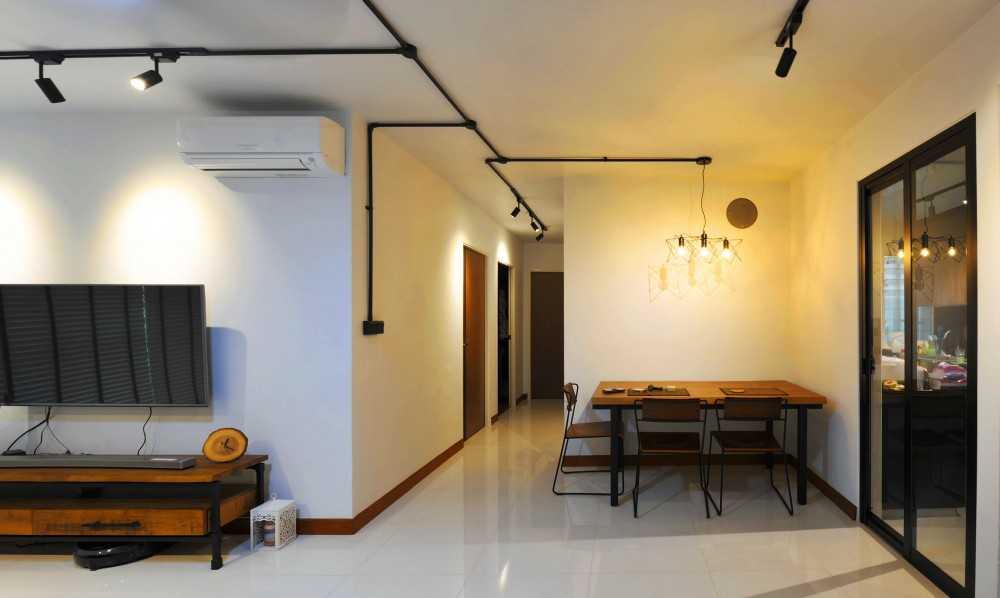 Industrial Dining Room with Marble Floor and Dining Table