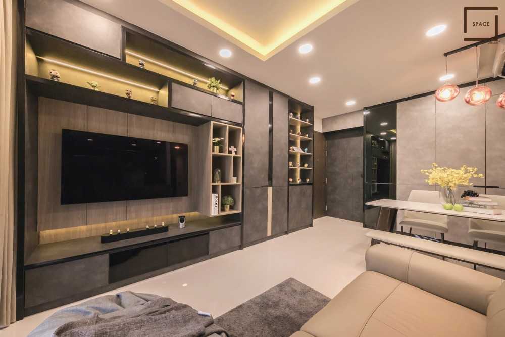 Modern Living Room with TV Console and Ceiling Light