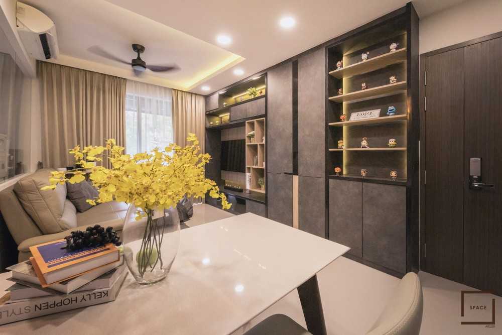 Modern Living Room with Homogeneous Tiles and TV Console