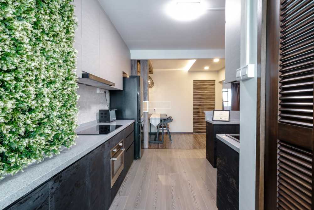 Modern Kitchen with Vinyl Flooring and Green Wall