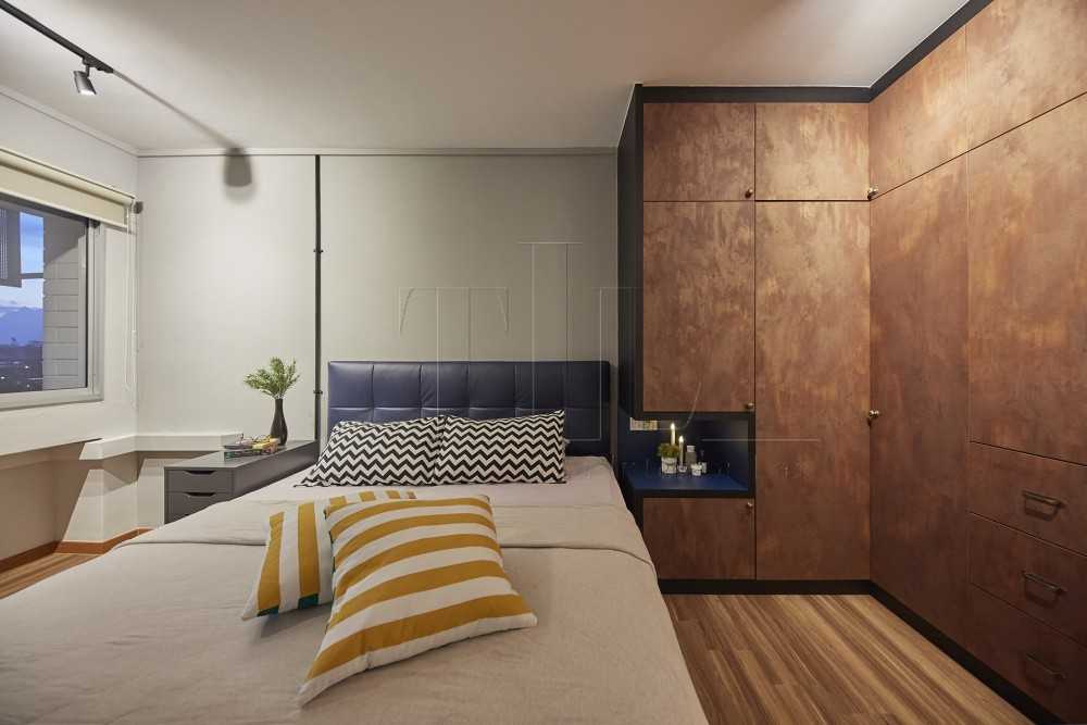 Eclectic Bedroom with Wood Flooring and Bay Window