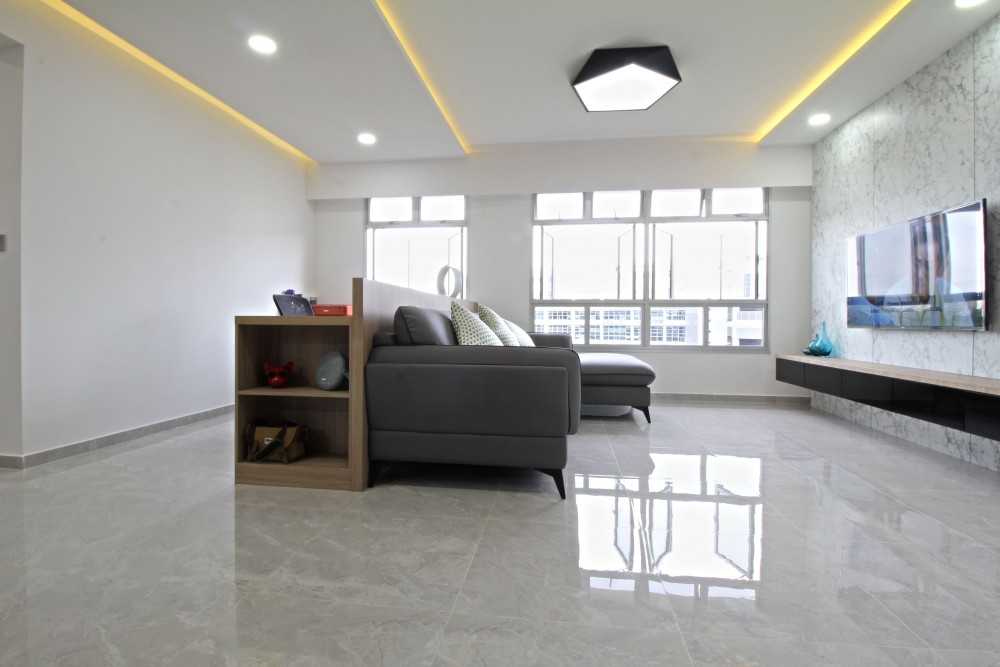 Scandinavian Living Room with TV Console and Feature Wall