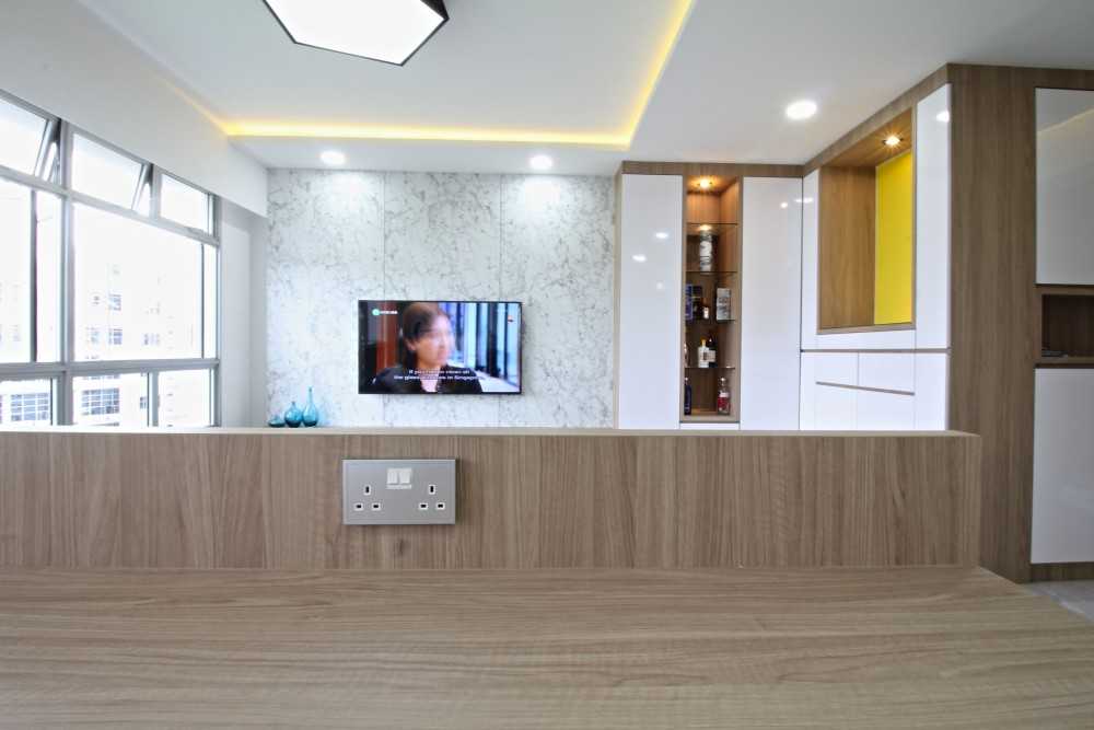 Scandinavian Living Room with TV Console and Feature Wall