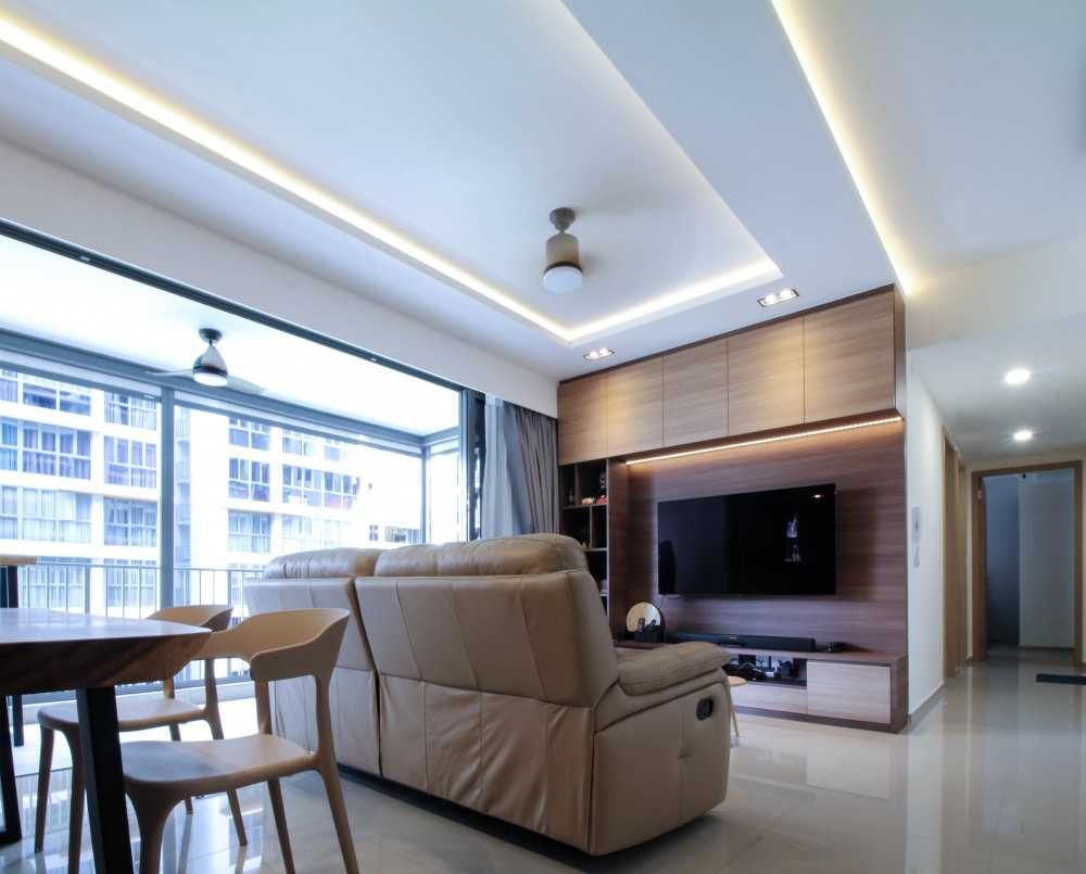 Contemporary Living Room with TV Console and Cove Lighting