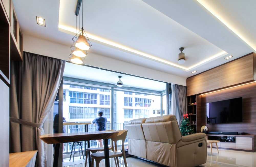 Contemporary Living Room with TV Console and Cove Lighting
