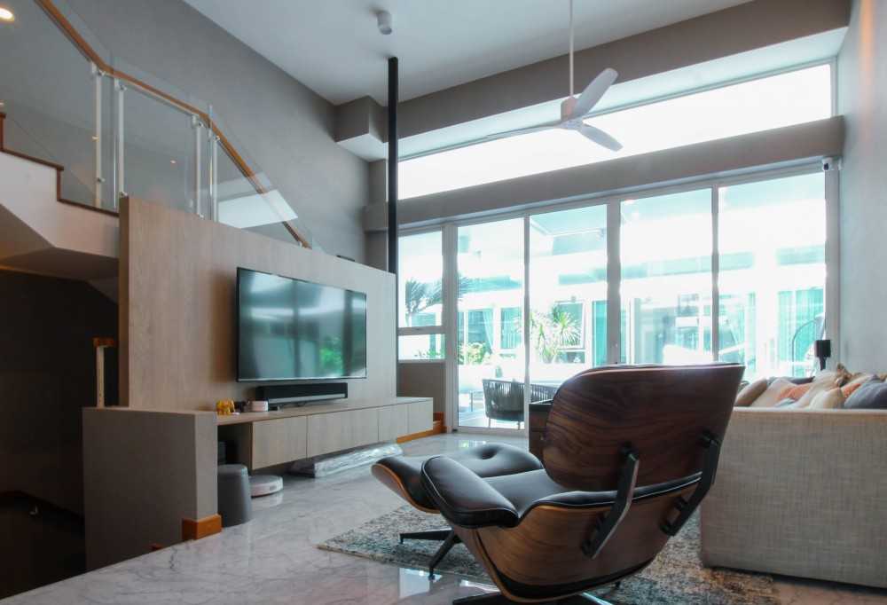 Contemporary Living Room with TV Console and Ceiling Fan