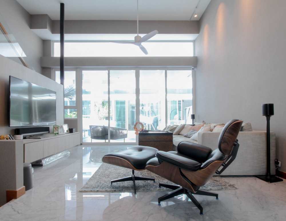 Contemporary Living Room with TV Console and Carpet