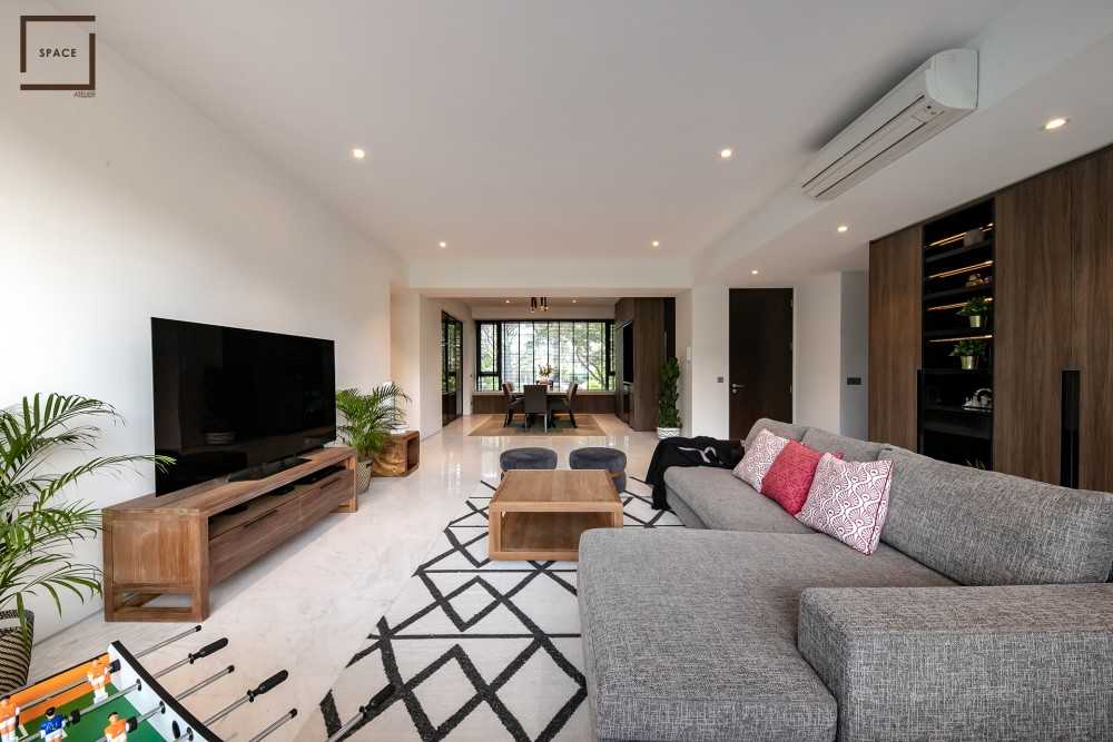 Contemporary Living Room with Granite Floor and TV Console