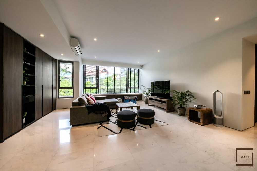 Contemporary Living Room with Granite Floor and TV Console
