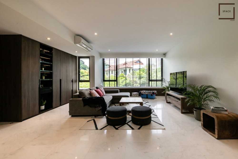 Contemporary Living Room with TV Console and Carpet