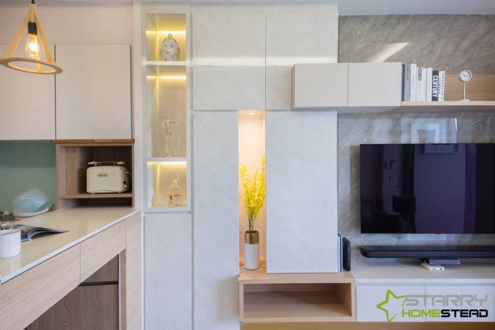 Scandinavian Living Room with Bar Counter and Display Cabinets