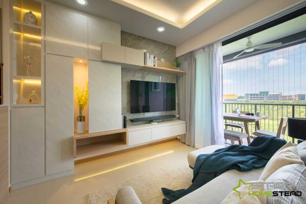 Scandinavian Living Room with TV Console and Feature Wall