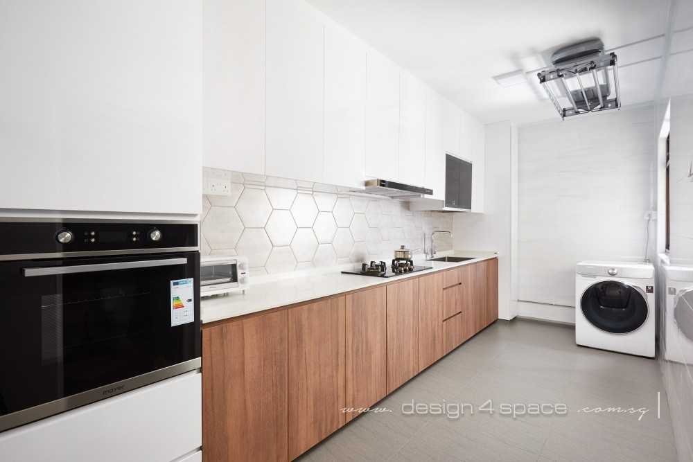 Minimalist Kitchen with Wood Flooring and Kitchen Window
