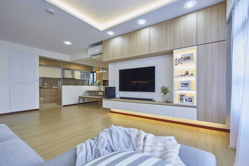 Minimalist Living Room with Wood Flooring and TV Console