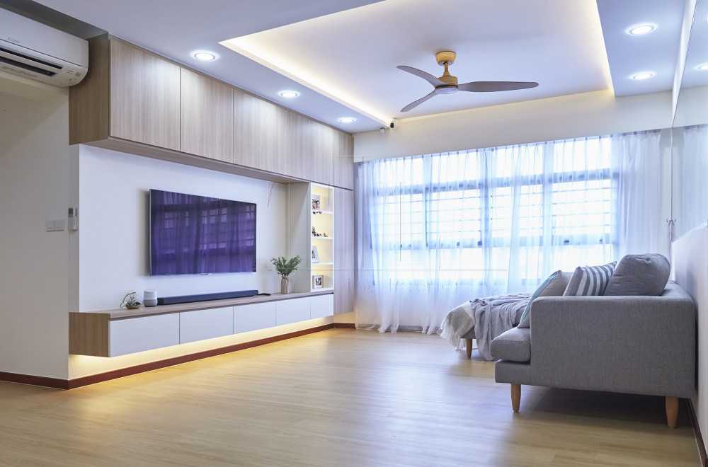 Minimalist Living Room with Wood Flooring and TV Console