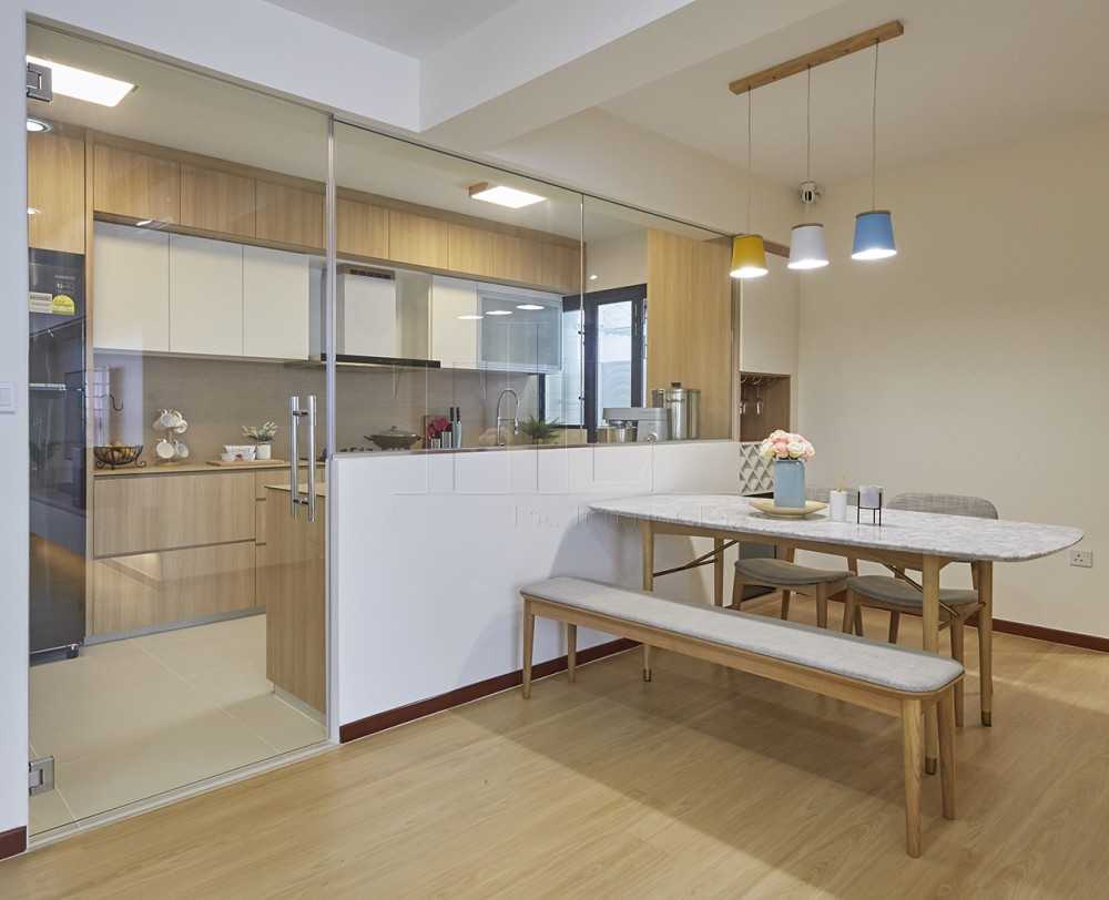Minimalist Dining Room with Glass Door and Dining Table